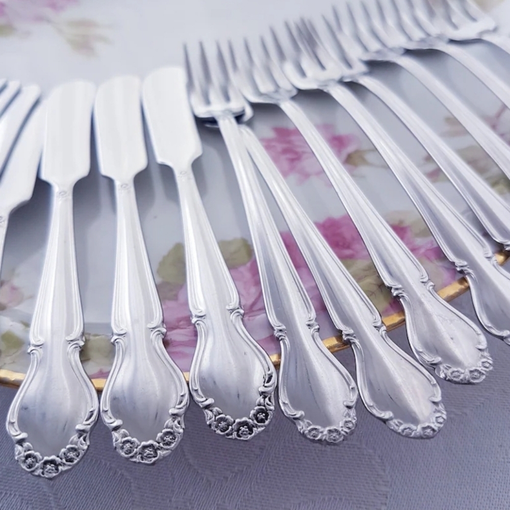 Vintage Wedding Day Stainless Seafood Fork & Butter Spreader Set - Service for 8